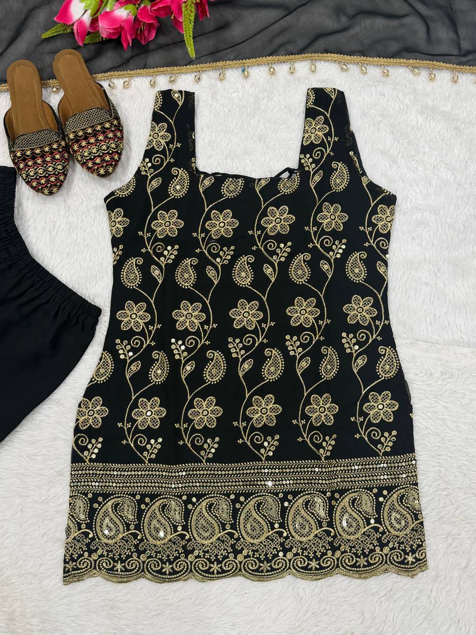 Deep Ruby Floral-Embroidered Silk Set